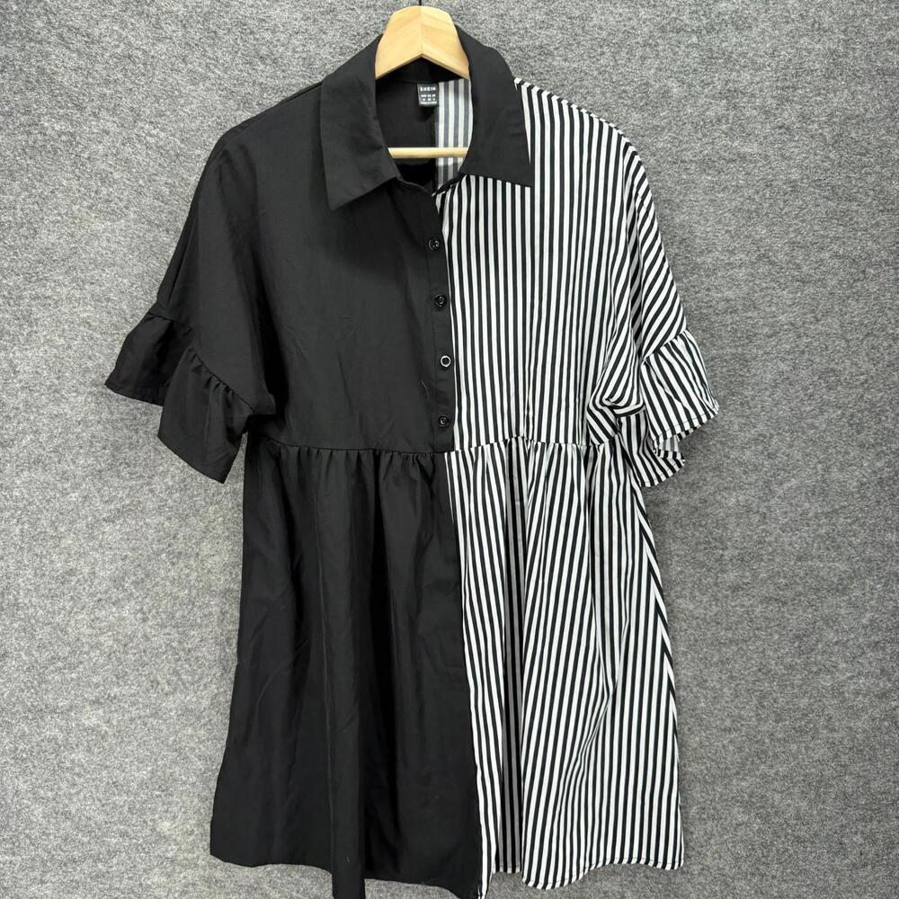 SheIn Shirt Dress Women M Medium Black Striped Short Button Collared Casual